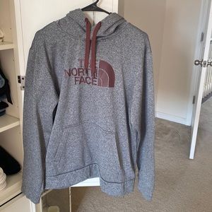 men’s large grey, the north face hoodie with maroon logo on the front